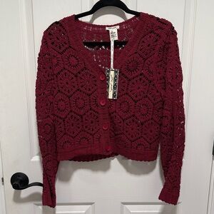 Ultra Pink Crochet Button-Front Cardigan - Burgundy
